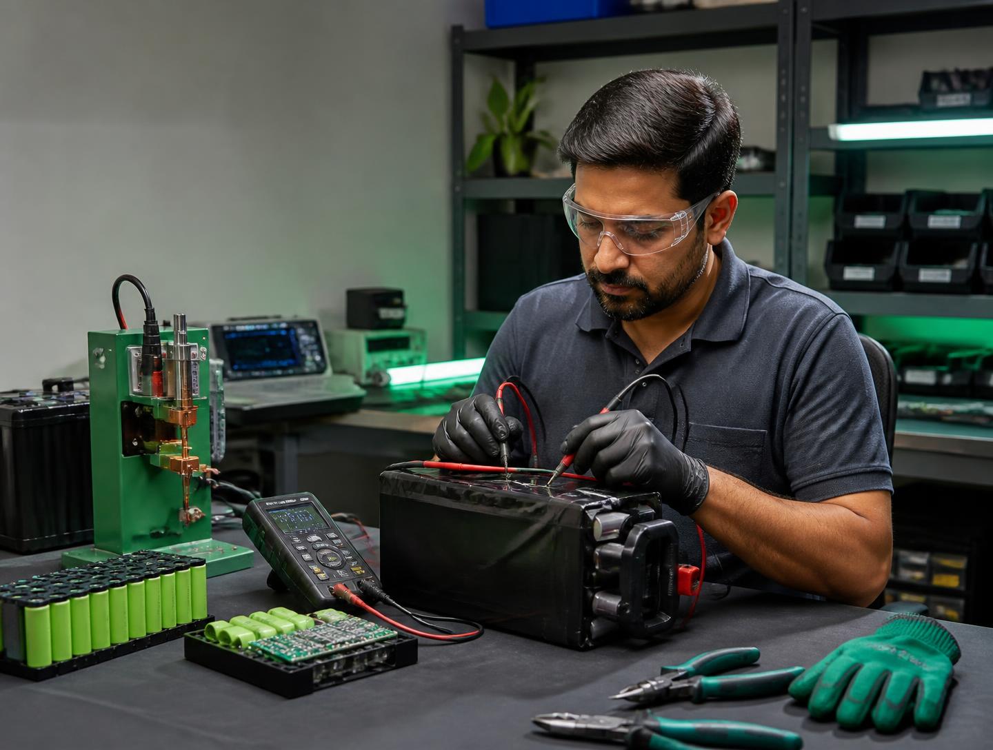 Indian technician safely testing lithium battery cells and a battery pack at a practical training workbench